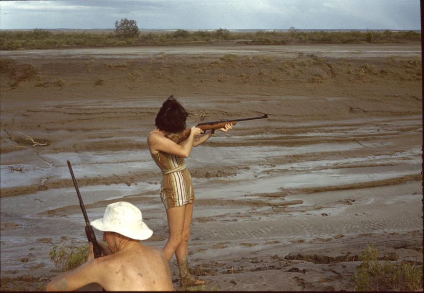 Betty Foster shooting on the tidal flat at Derby.