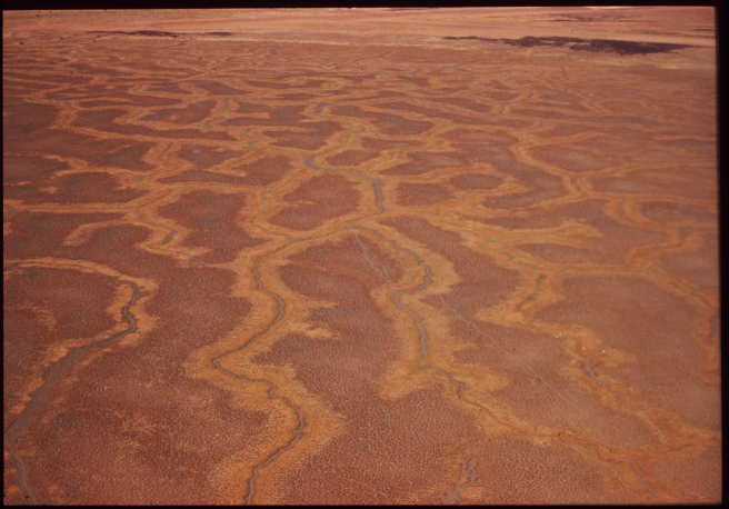 Aerial photograph of patterns on the earth in Northwestern Australia.