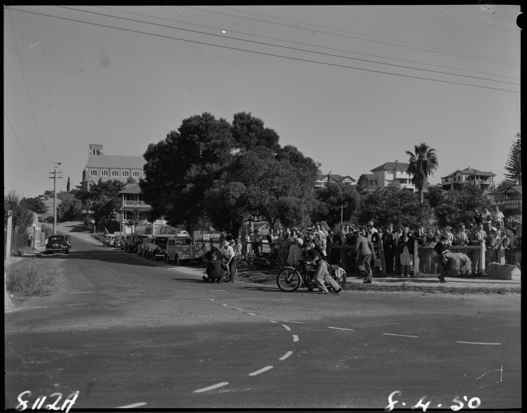 The 1950 Australian T.T. motorcycle racing on the streets of Bunbury 11 April 1950